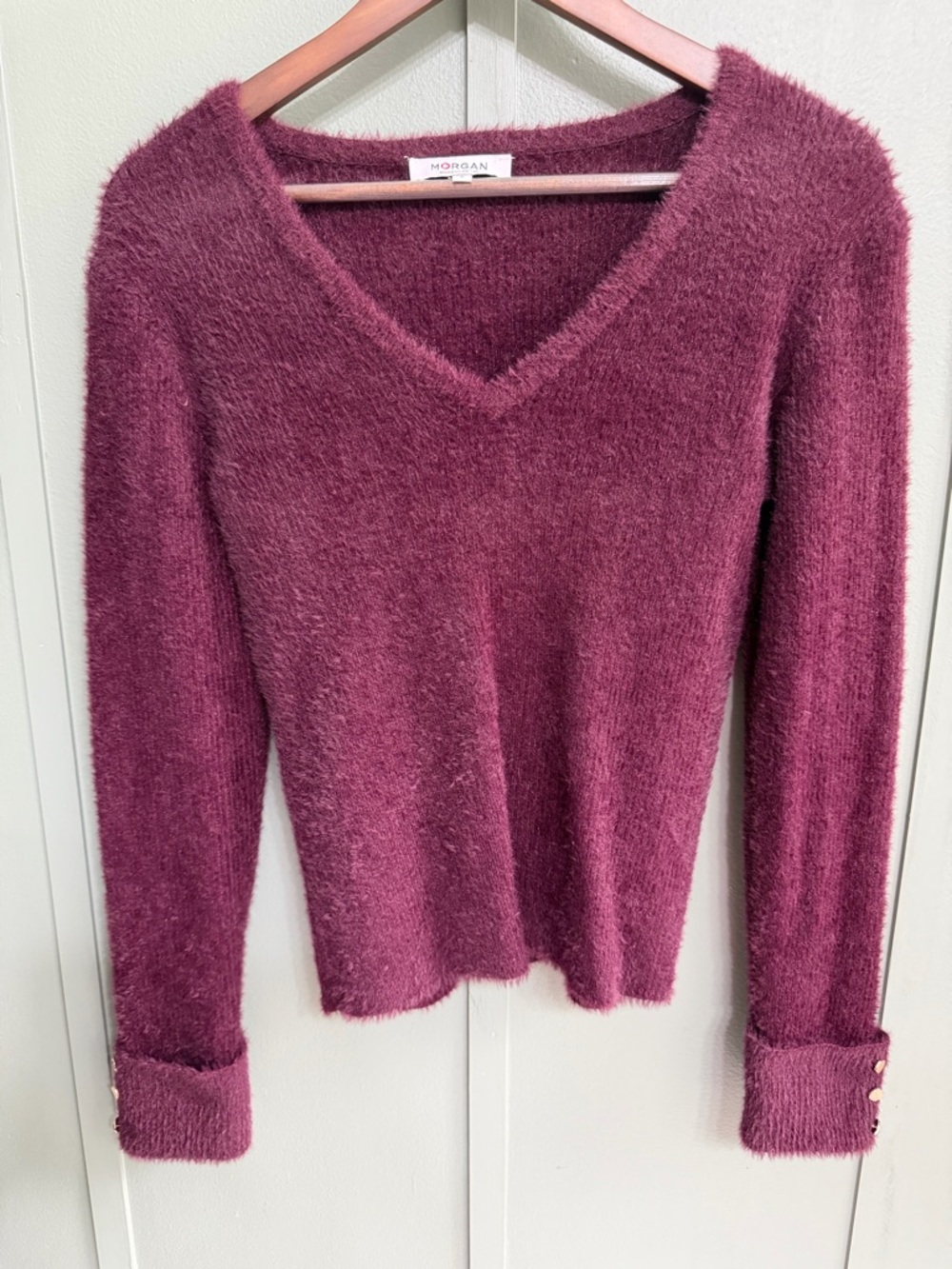 Morgan de Toi Plush V-Neck Sweater in Wine Berry